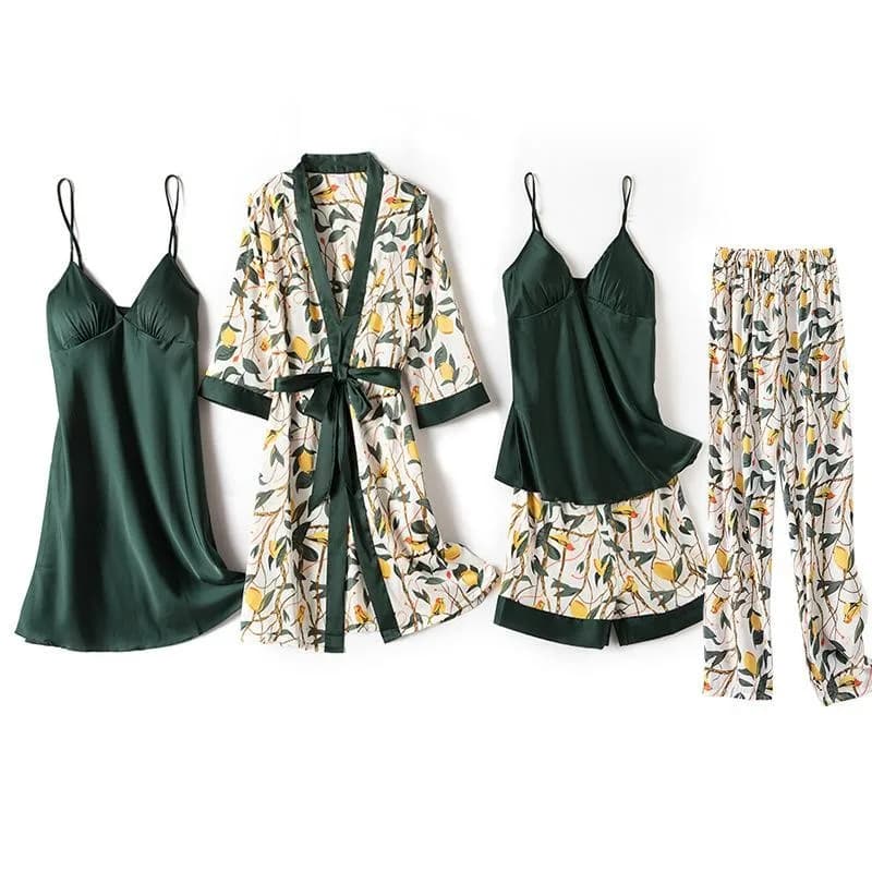 Blu Set da notte Intimo Lingerie Sexy Nighty & Robe Suit Nuove donne Kimono Accappatoio Abito in raso Stampa Fiore Indumenti da notte Homewear