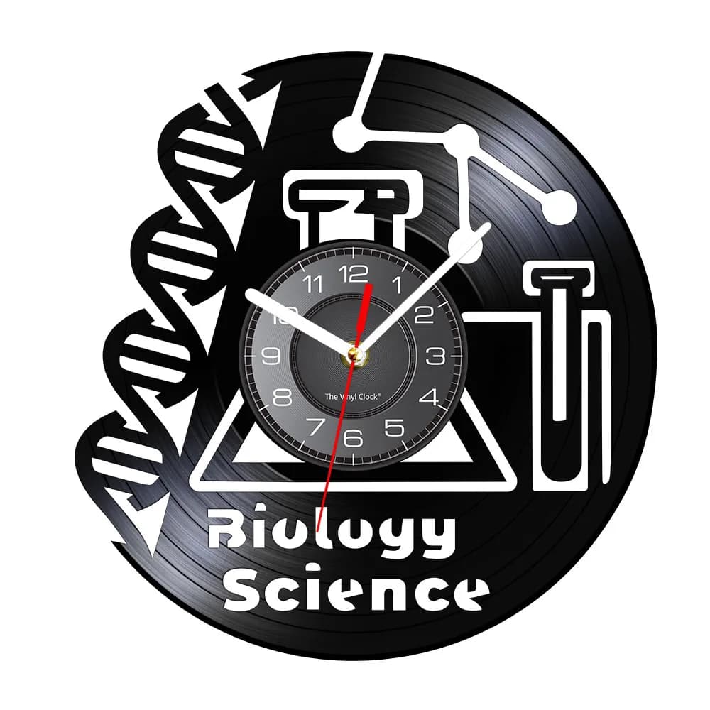 Illuminated Wall Clock with Vintage Design Theme Biology and Science, with Microscope and Night Light in Vinyl Disc Shape, for Graduates in Chemistry