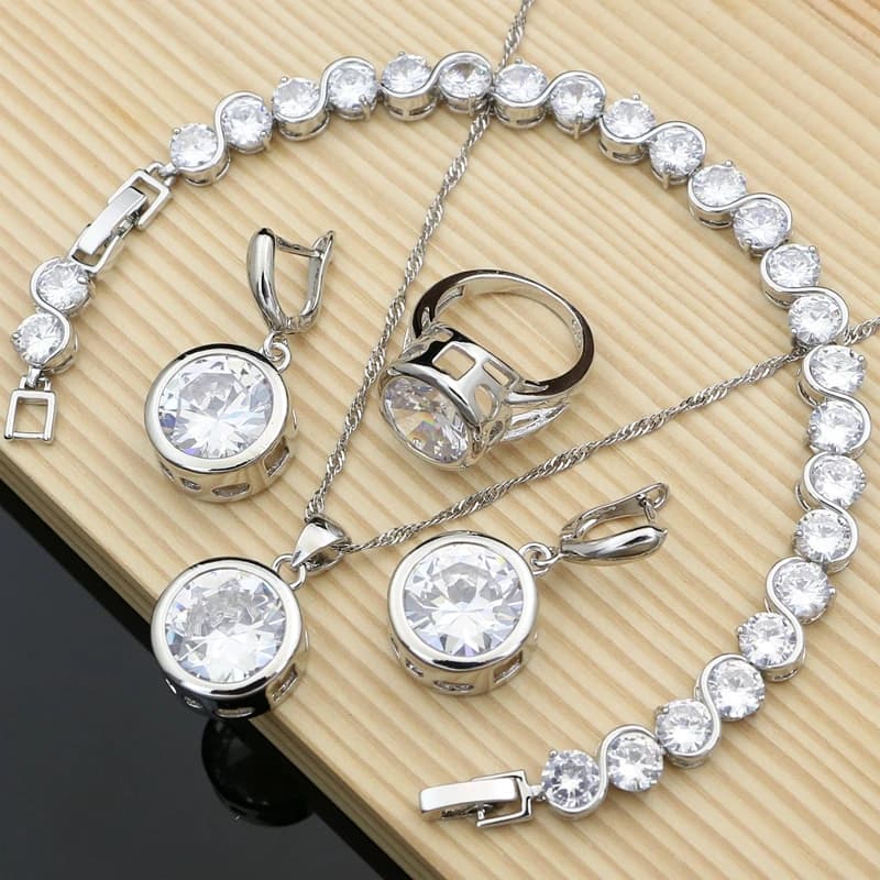 Fashion Wedding Bride Jewelry Sets White Cubic Zirconia Hoop Earrings Stone Bracelet Gifts Necklace Set Dropshipping