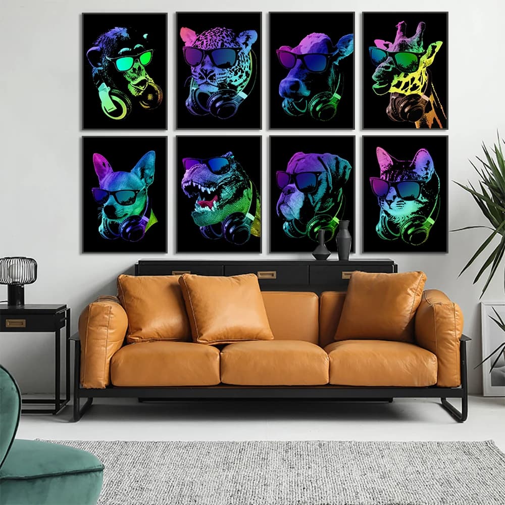 Neon style cool Dj animal leopard dog orangutan wall art canvas poster printing picture home living room decoration painting pos