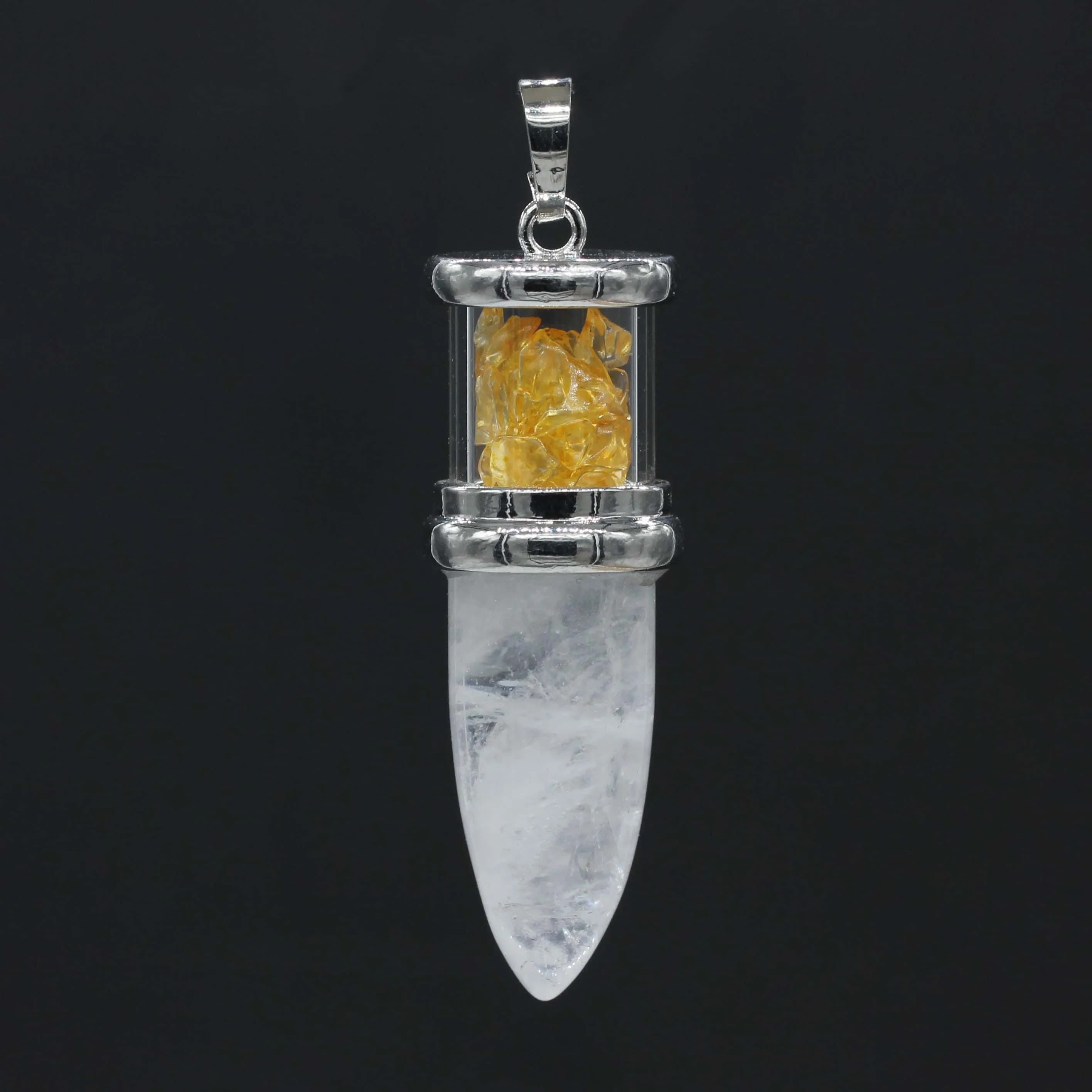 KFT Collana in pietra Reiki di quarzo cristallo curativo naturale, roccia, citrini, forma di proiettile, pendolo in pietra, gioielli con ciondolo per donna uomo