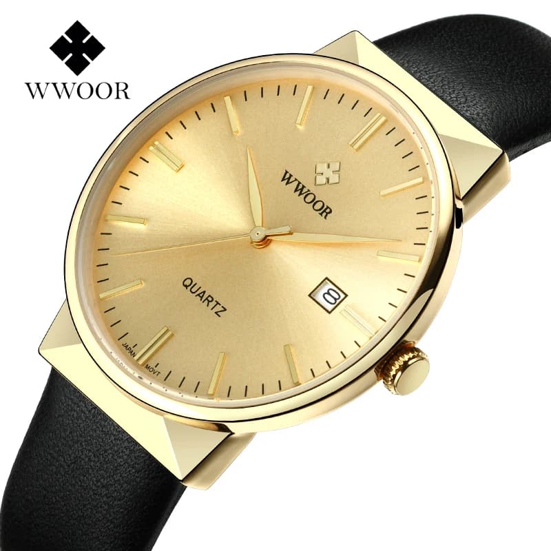 WWOOR Men's Watches Top Brand Luxury Waterproof Wrist Watch Genuine Men's Leather Classic Black Gold Date Watch Quartz Saat Erkek