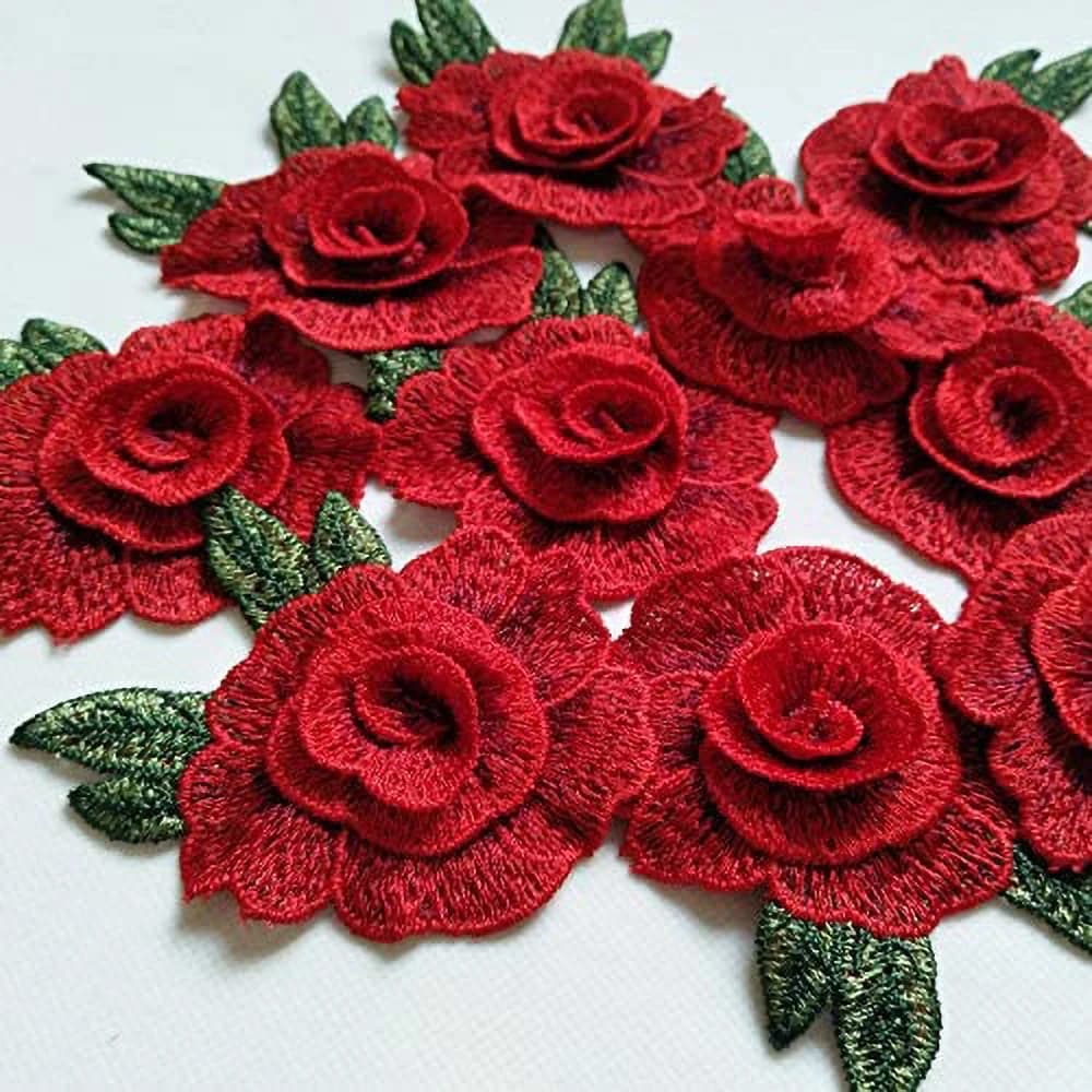 3 pezzi di fiori ricamati rossi per vestiti toppe in tessuto borse da sposa decorazione per tende riparazione cucito fai da te