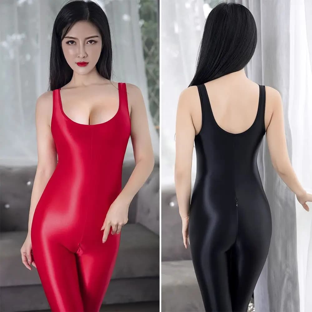 Tuta da bagno senza cavallo attillata lucida senza cuciture Sexy oleosa vedere attraverso la tuta cerniera cavallo aperto per uomo e donna taglie forti