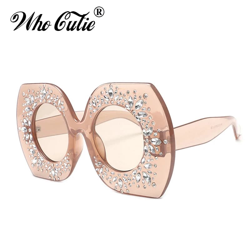 WHO CUTIE 2026 Oversized Square Crystal Sunglasses Women Designer Rhinestone Frame Round Lens Female Sun Glasses Shades OM538