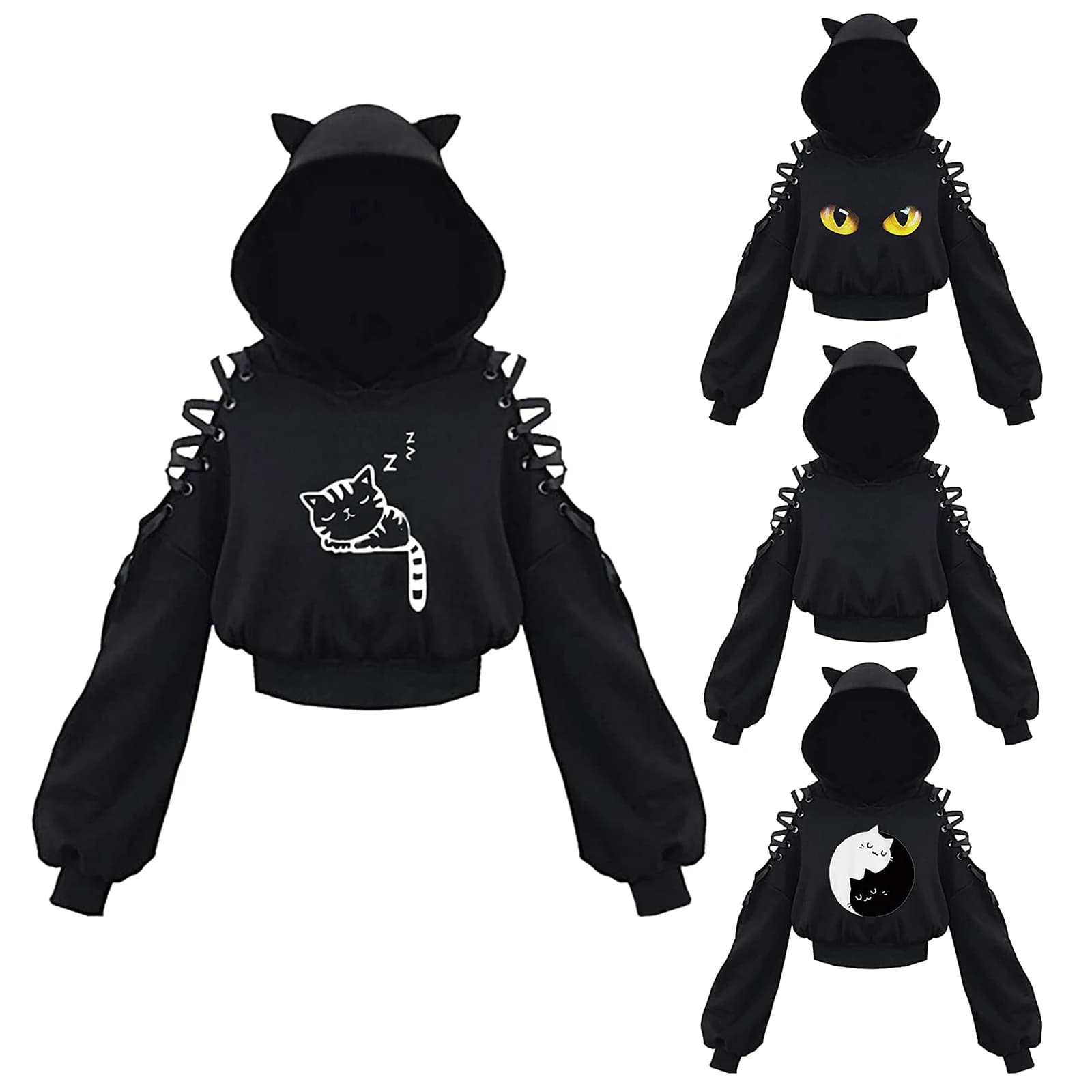 Abbigliamento da donna Tinta unita Hoddies gotici Felpa da donna Scava fuori Manica lunga con cappuccio Pullover casual Estate Autunno Y2k