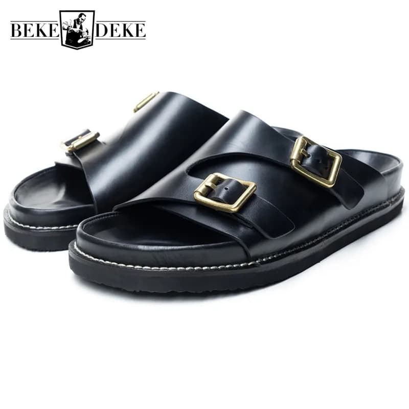 High Quality Mens Summer Cowhide Natural Leather Slide Sandals Buckle Slip On Slippers Man Designer Thick Platform Beach Sandals