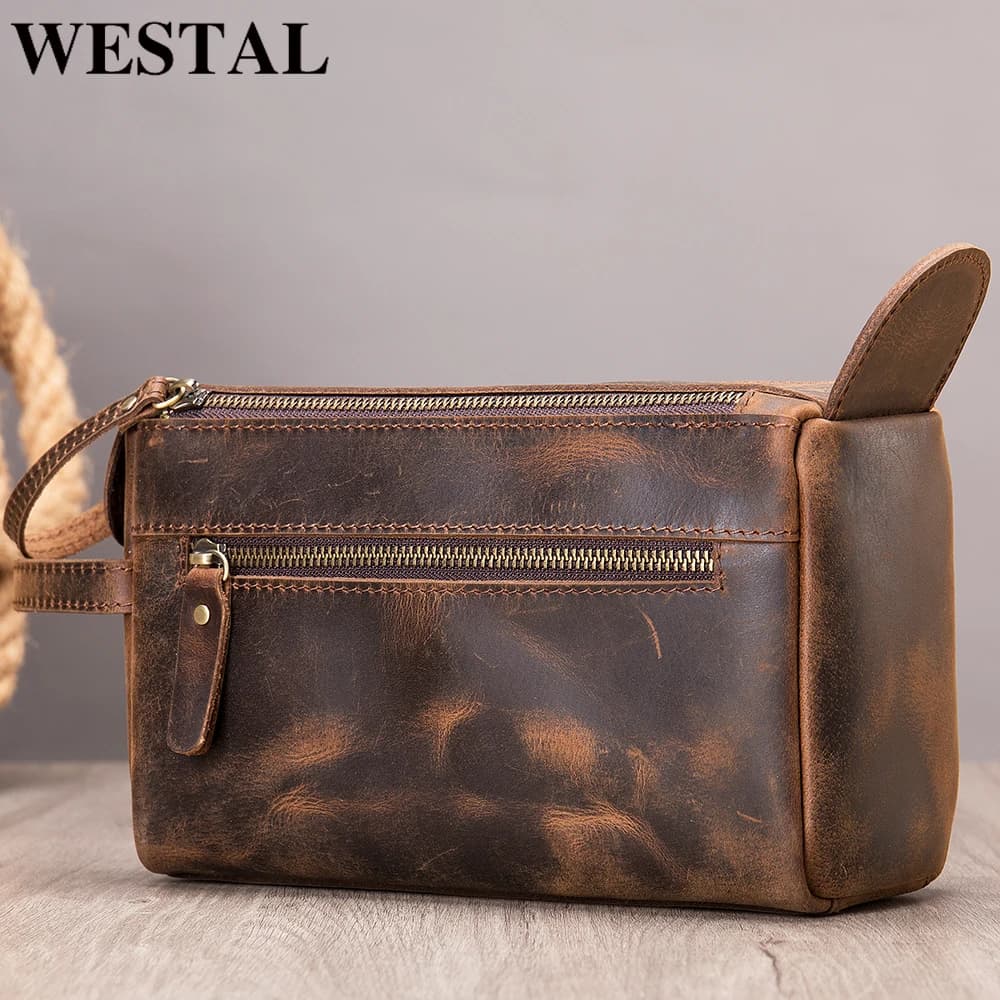 WESTAL Men's Clutch Wallet Crazy Leather Long Handbag For Men Zipper Hand Clutch Bag Genuine Leather Male Toiletry Bag Fashion