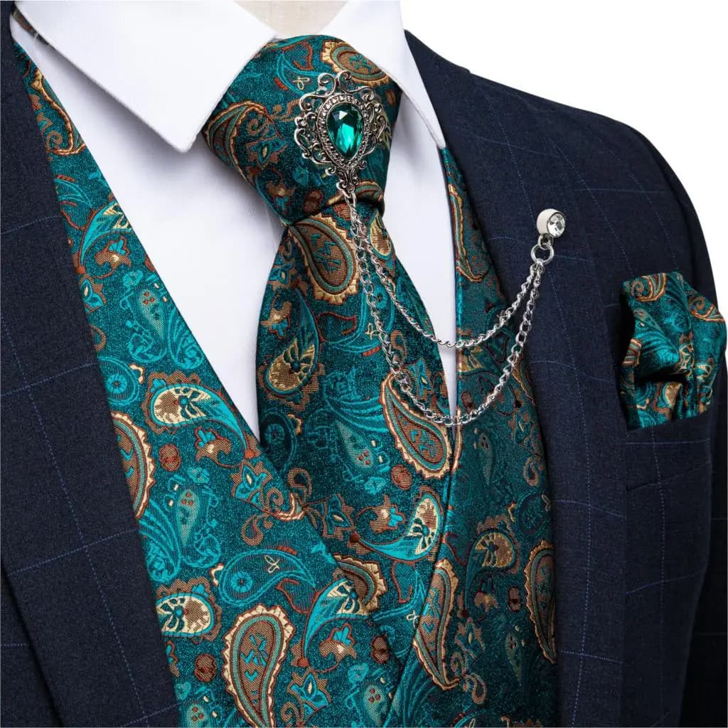 Nuovo Gilet Formale Verde Teal con Motivo Paisley, Set Gilet da Uomo con Cravatta, Spilla e Pochette per Smoking