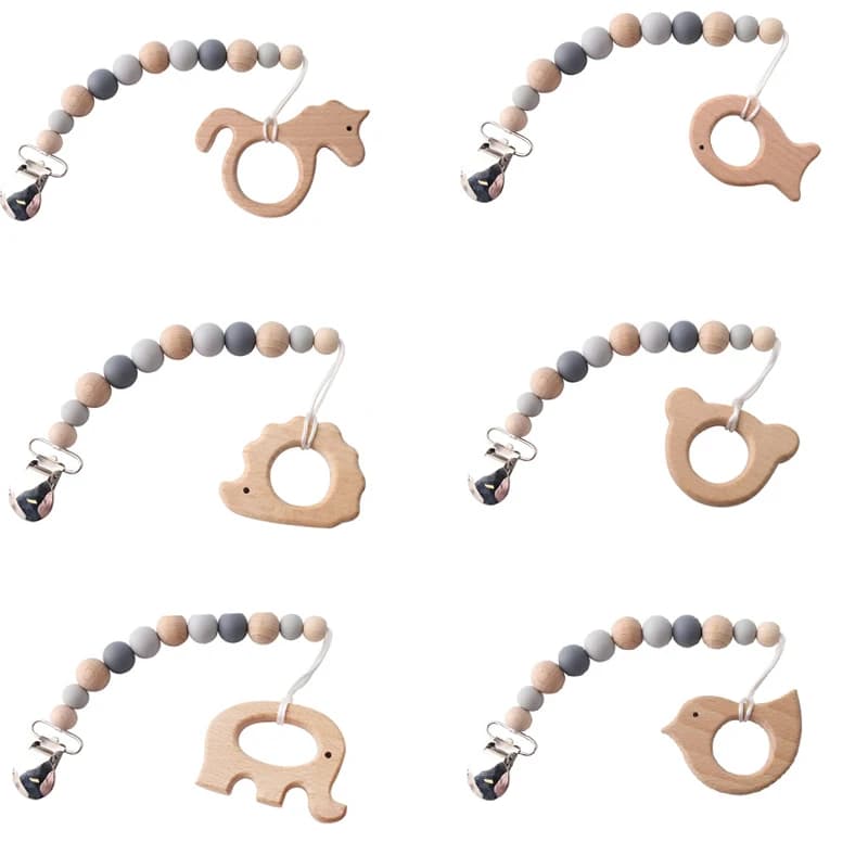 1pc Baby Massaggiagengive Ciuccio Ciuccio Clip a catena con roditore in legno Ciondolo animale Perline in silicone Capezzolo Porta succhietto Catena per passeggino