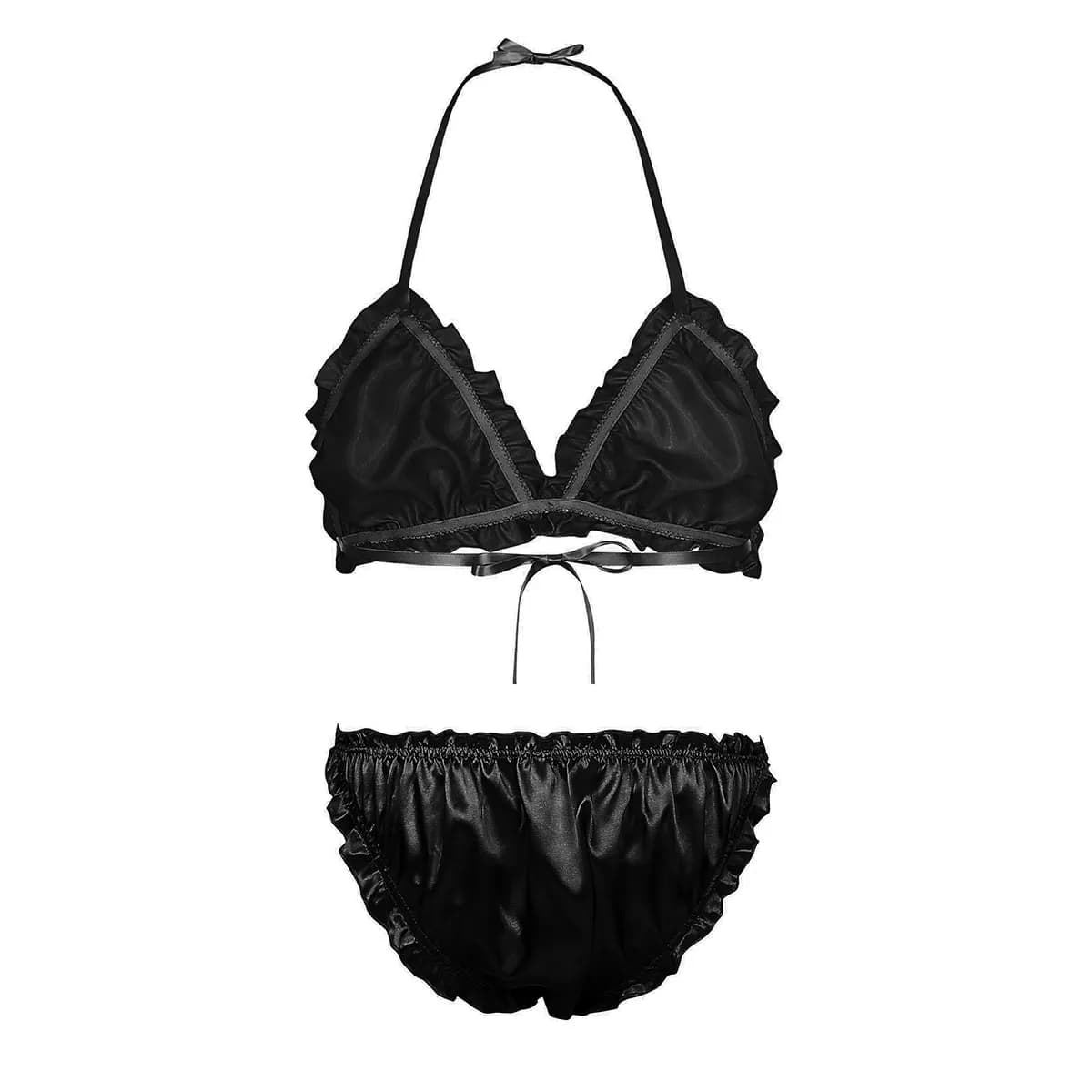 Set pigiama da uomo con volant e scollo all'americana in raso setoso Sissy da 2 pezzi. Set di mutandine lingerie crossdress