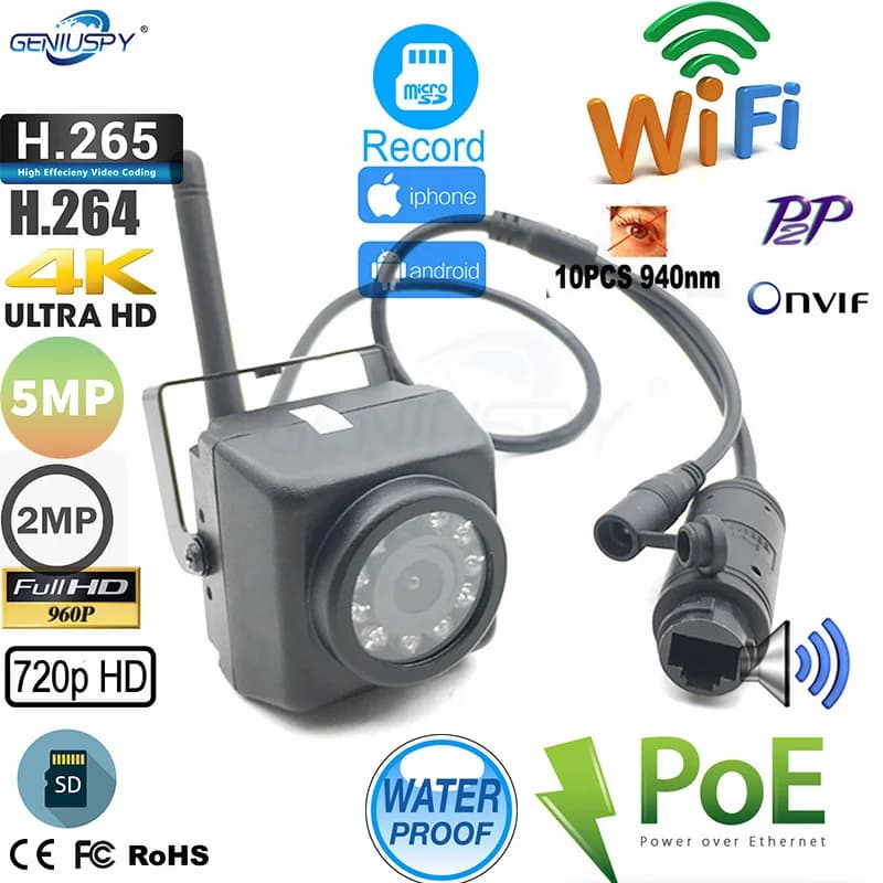 CAMHI IMX335 5MP IP66 Audio TF Card Wireless POE Mini IP WIFI Camera 1080P 5MP H.264 H.265 visione notturna Webcam sicurezza