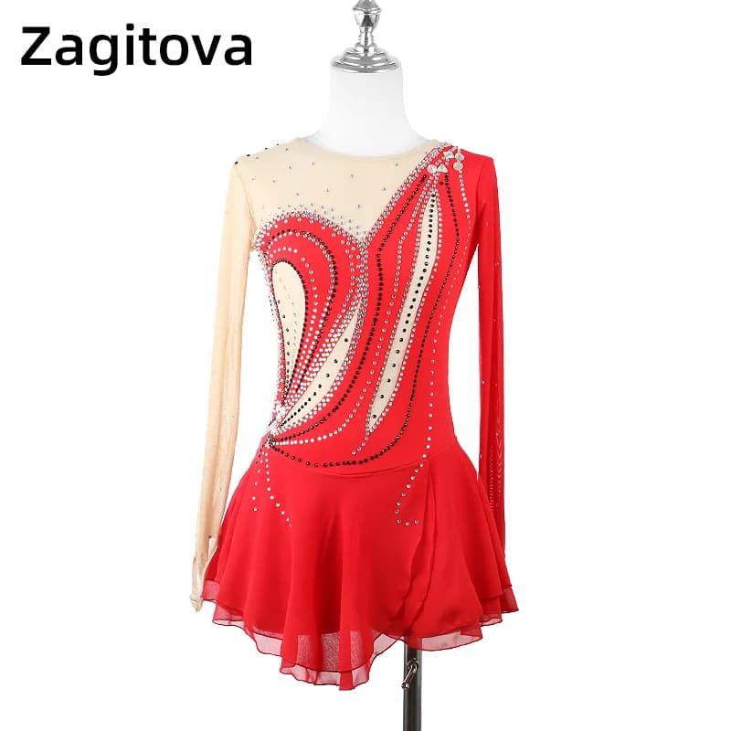 ZAGITOVA Spettacolo di pattinaggio di figura Abito rosso personalizzato con diamanti lucidi Bella gonna da pattinaggio su ghiaccio Gonna a rete da donna per ragazze