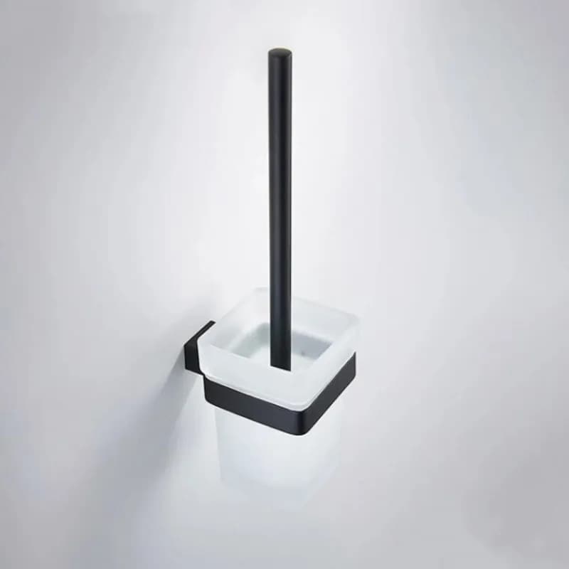 Portascopino per WC da Parete in Acciaio Inox Nero/Oro con Contenitore Quadrato in Vetro - Accessorio Moderno per il Bagno