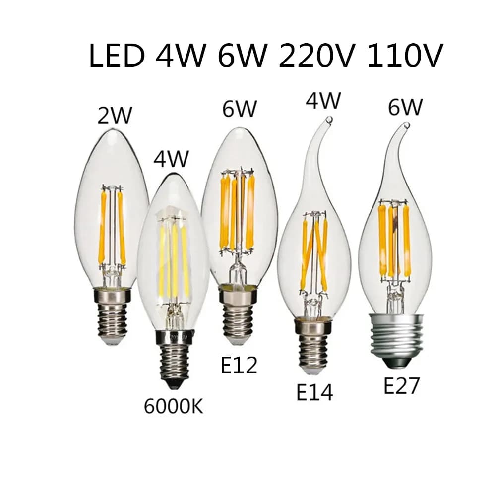 10PCS Lampadina LED C35 E14 E12 E27 220V 110V Dimmerabile 2W 4W 6W Design Candela a risparmio energetico Luce a filamento bianco caldo Lampada da 360 gradi