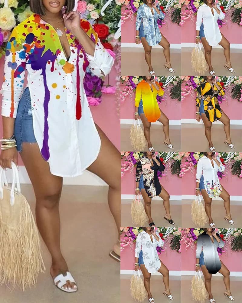 Camicie da donna stampa sfumata manica lunga monopetto allentato dritto camicia lunga moda femminile alta Streetwear estate nuovo 2021