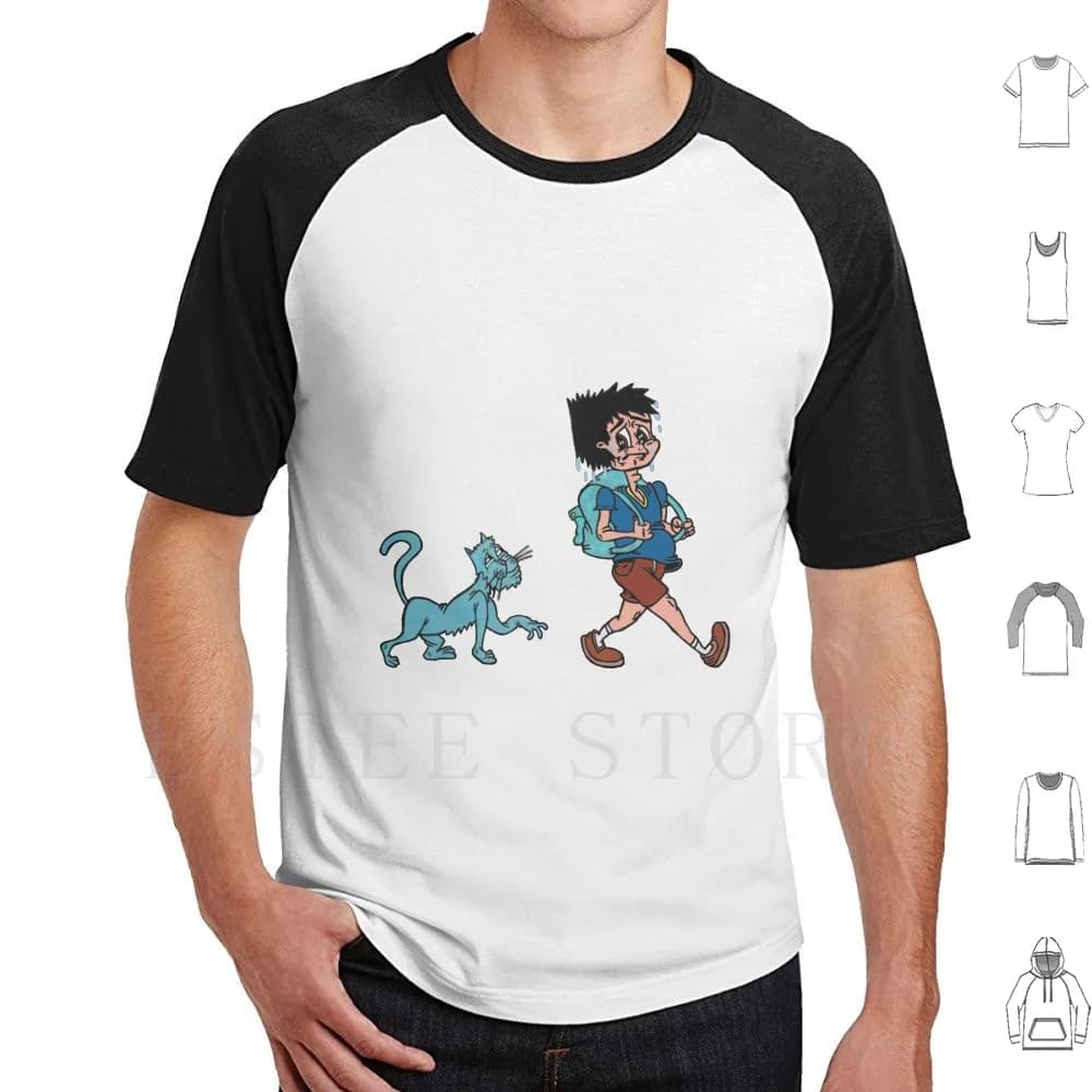 Cat Stalker T Shirt Print Cotton Cat Boy School Troll Creepy Sweaty Curious Stressed Cartoon Comic Retro Bully Backpack Anxiety