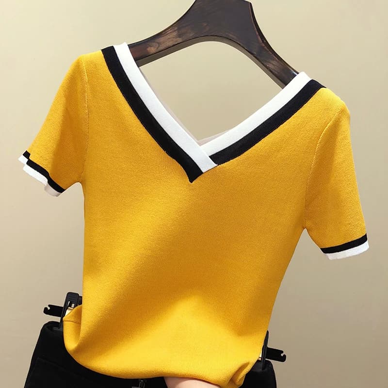 Maglietta con scollo a v maglietta da donna maglietta a righe di colore a contrasto maglietta estiva 2024 maglietta da donna maglietta da donna Femme Camisetas Mujer