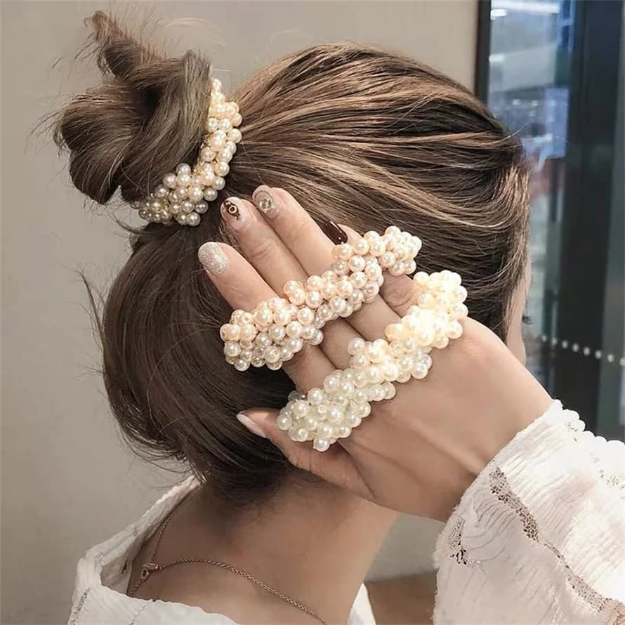 Donna elegante perla cravatte per capelli perline ragazze fiocco Scrunchies fasce per capelli in gomma supporti per coda di cavallo accessori per capelli fasce per capelli elastici