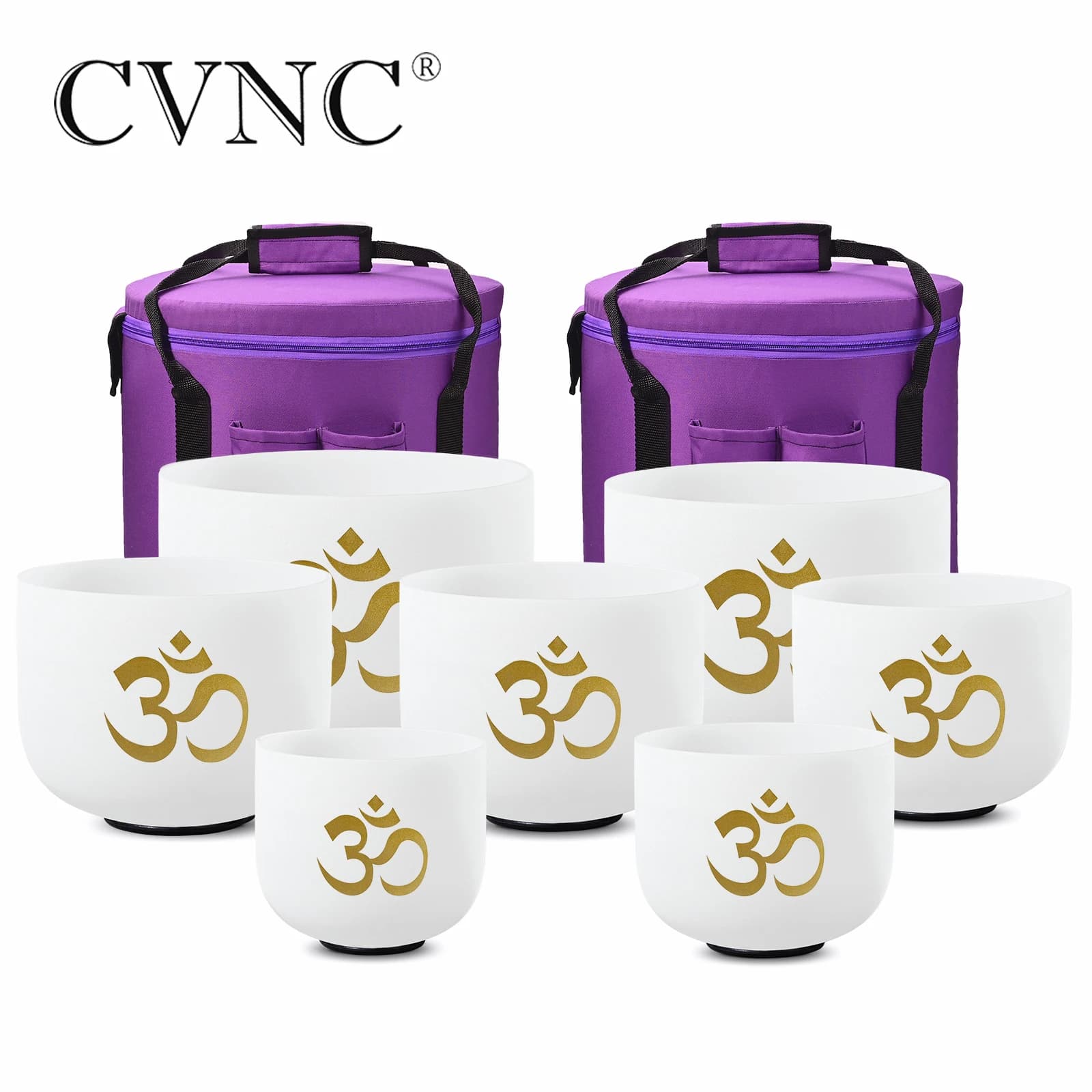 CVNC 6-12" Frosted Chakra OM Design Quartz Crystal Singing Bowls Set of 7Pcs with Carrying Bag
