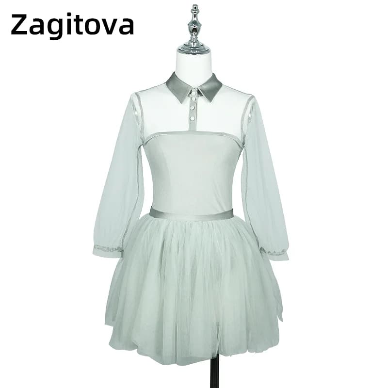 ZAGITOVA Abito da pattinaggio di figura grigio argento Gonna da pattinaggio su ghiaccio a maniche lunghe da donna per ragazza