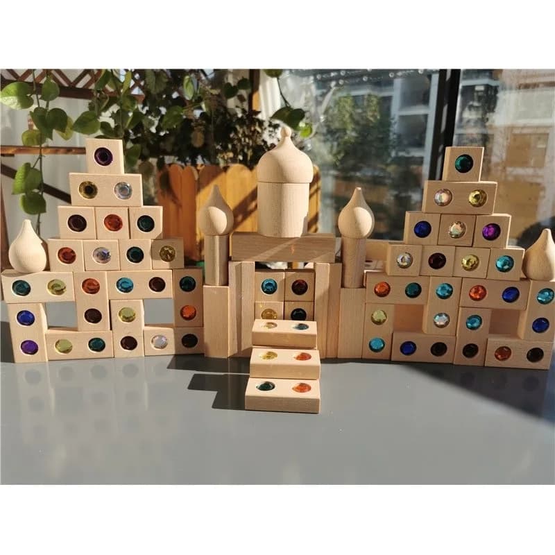 Pietre scintillanti acriliche per bambini Pietre preziose in legno Blocchi stradali Giocattolo Montessori in legno Arcobaleno Cristallo Diamante Mattoni Gioco da costruzione