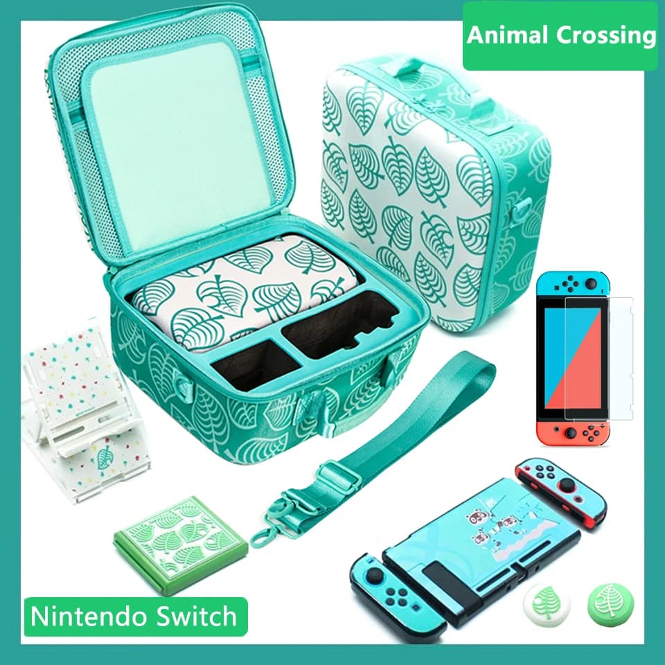 Kit 7 in 1 con Borsa Portaoggetti, Accessori Animal Crossing, Scatola Organizzativa, Custodia da Trasporto, Supporto e Pellicola Temperata per Nintendo Switch