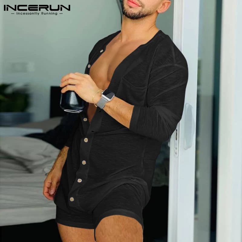 Pigiama da uomo pagliaccetti tinta unita O collo manica lunga bottoni tute Homewear 2024 uomo traspirante tuta sottile indumenti da notte INCERUN