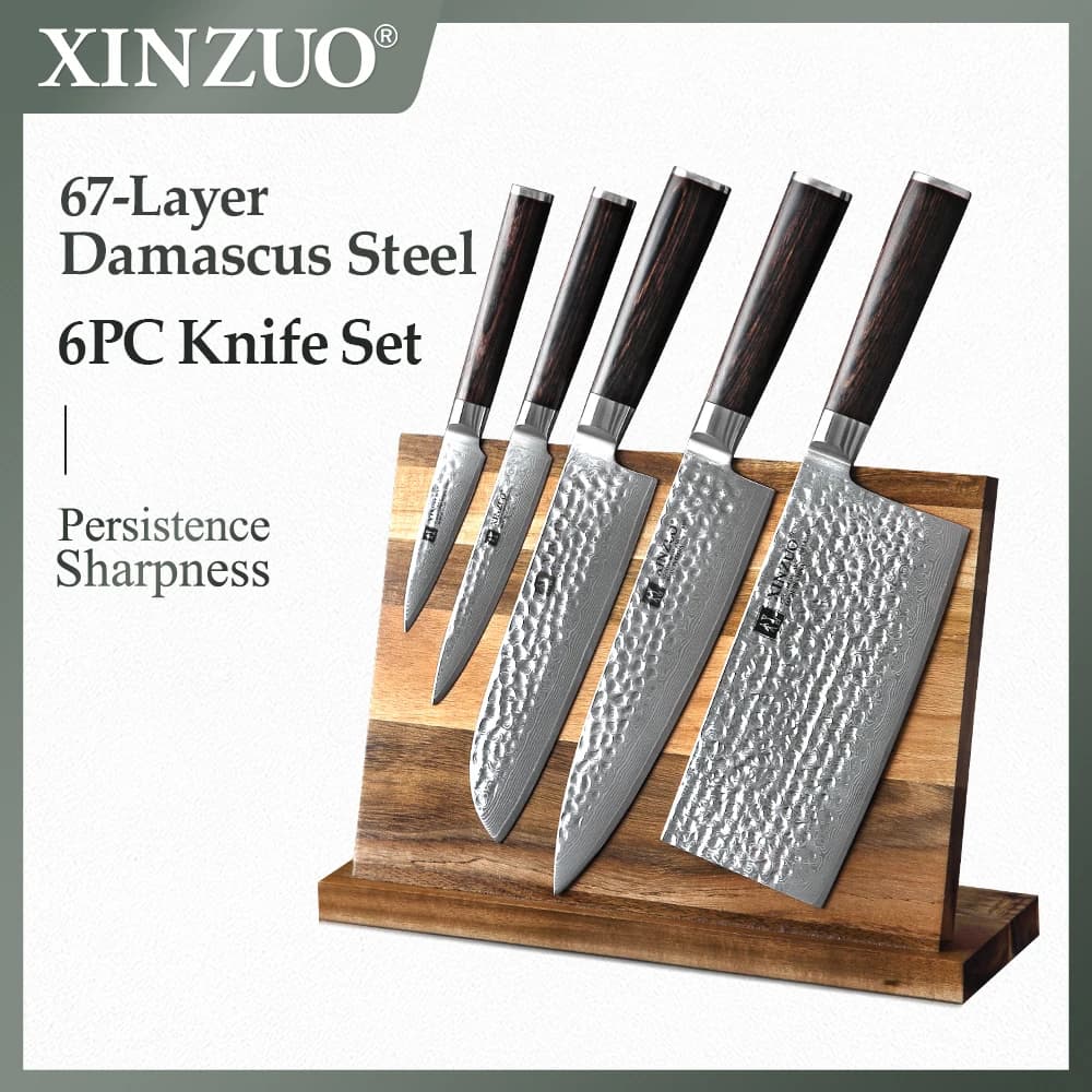 Set di 6 coltelli professionali XINZUO in acciaio Damasco con supporto in legno, coltello da chef, Santoku, multiuso, per frutta, mannaia, blocco porta coltelli magnetico