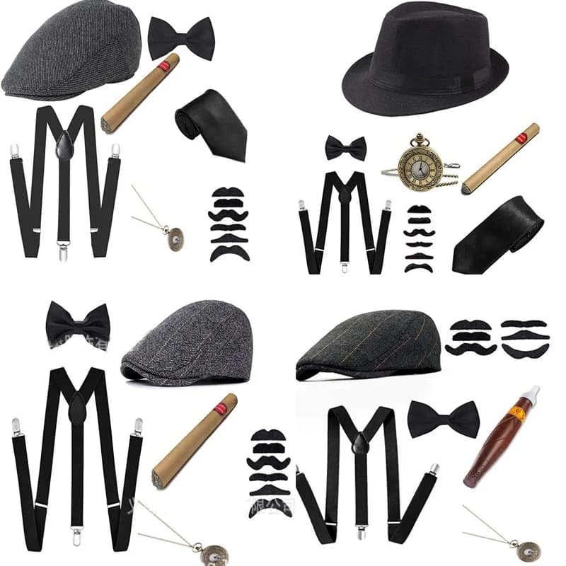 1920S Halloween 20S Cosplay Gangster Set Men party puntelli berretti sigaro bretella orologio da tasca Gatsby Costume accessori Set