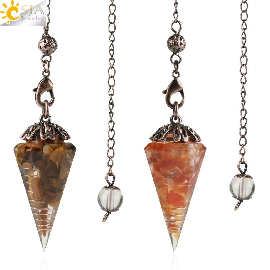 CSJA Reiki Naturale del Circuito Integrato di Pietra Pendolo Antico Catena di Rame Esagonale Cono Pendente Della Resina per Rabdomanzia Divinazione Wicca Pendule G321