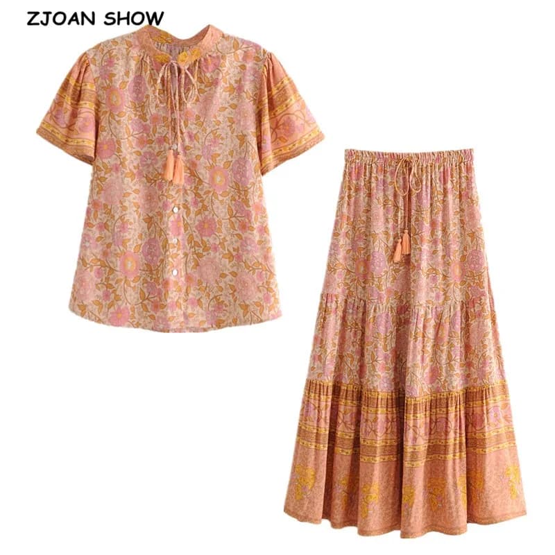 BOHO nappa allacciatura colletto arancione stampa floreale camicia a maniche corte donne etniche bottoni monopetto camicetta top