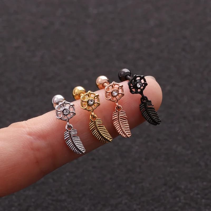 1 PCS Trendy Cute Small CZ Dreamcatcher Leaf Pendant Ear Cuff Earring Round Screw Back Stainless Steel Bar Ball Earrings