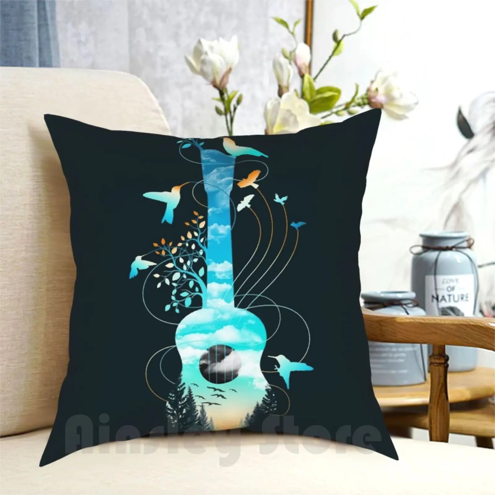 Strings Pillow Case Printed Home Soft DIY Pillow Cover Ukulele String Strings Music Nature Trees Landscape Clouds Birds