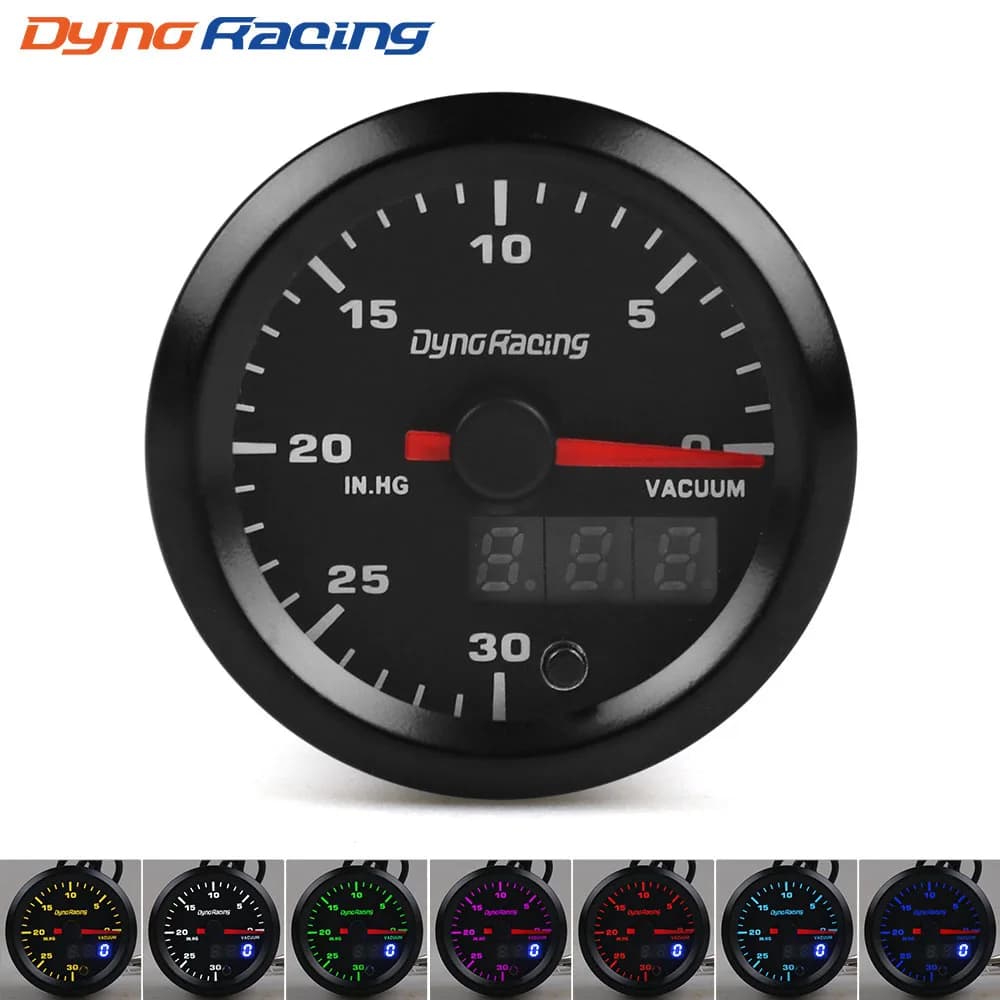 Dynoracing 2 ''52mm Doppio Display 0-30 IN.HG Vacuometro 7 colori Led Vacuometro con Motore Passo-passo Misuratore per Auto BX101869