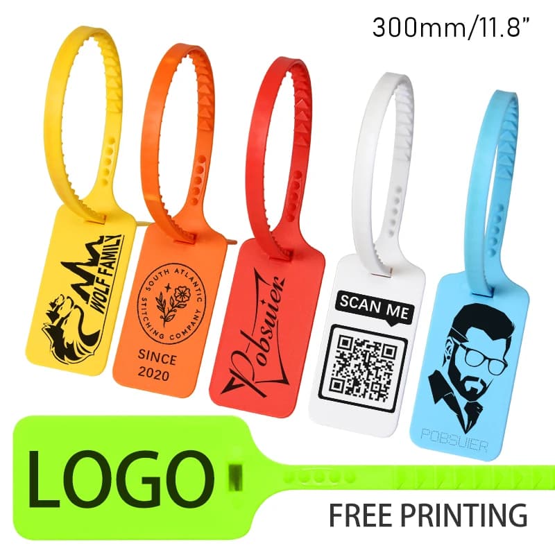 100 pz Logo Personalizzato Tag Zip Fascette Off Etichette Sigilli di Sicurezza In Plastica Bianca Indumento Scarpe Borsa Logo del Marchio Hang Label Camp Tag 300mm