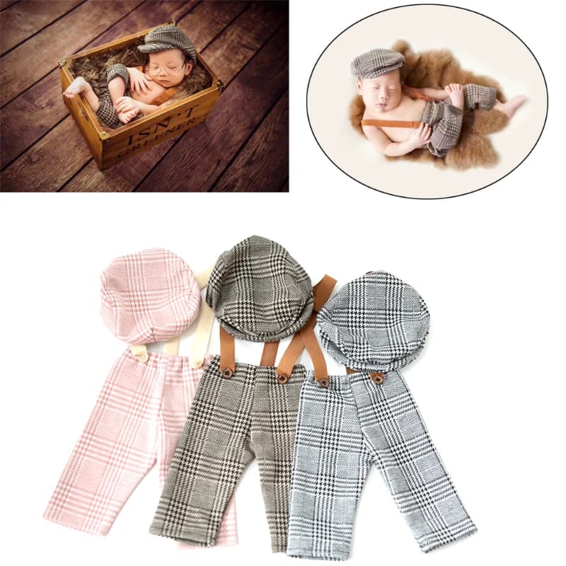 Set di berretti piatti per neonato Tuta da ragazzo per servizio fotografico Bebe Fotografia Pantaloni con bretelle Cinghie per foto Puntelli per fotografia per bambini