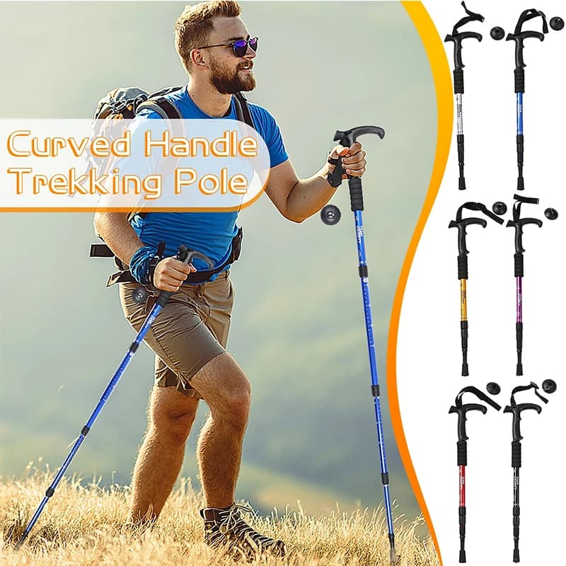 Trekking poles 1PC Trekking poles for hiking Walking poles Hiking Climbing curved handle in high strength aluminum alloy