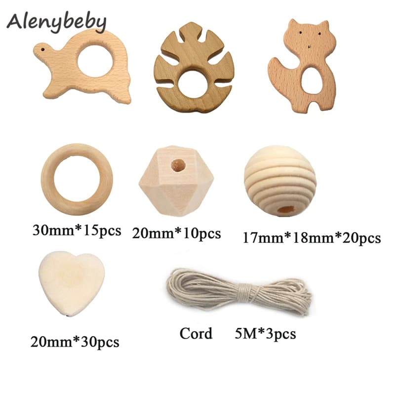 Perle in Legno di Faggio Organico a Forma di Animale, Masticabili, Geometriche Poligonali, per Collane da Dentizione e Accessori per Gioielli Fai da Te