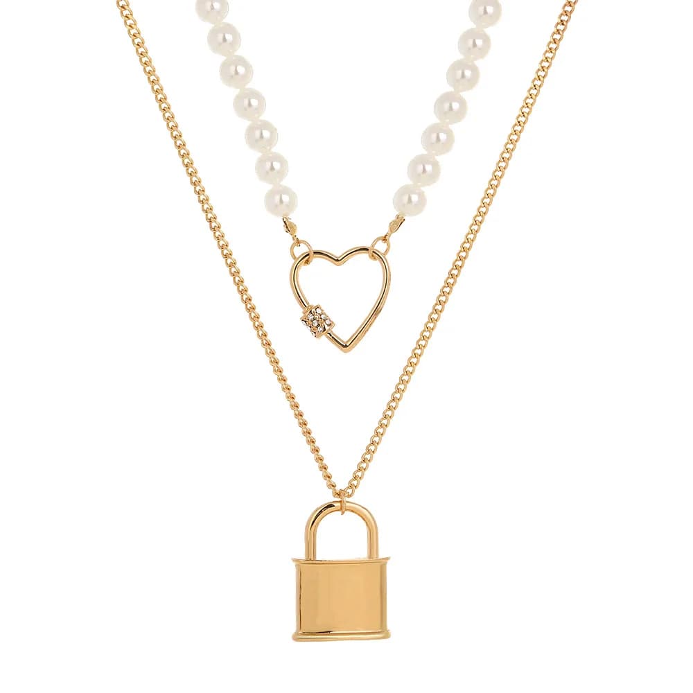 Layered Punk Chain Necklace Heart Lock Pendant Metal Imitation Pearl Necklaces Goth Accessory For Women