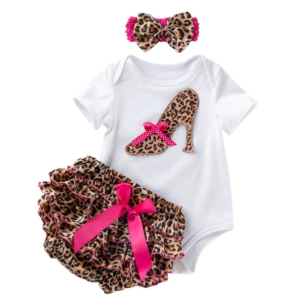 3 pezzi set neonato 2025 estate cotone manica corta leopardo tuta scarpe col tacco alto volant natalizio set di vestiti per bambina