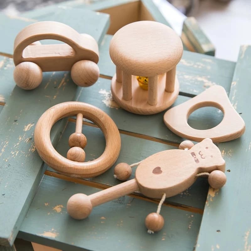Giocattolo per Neonati in Legno di Faggio a Forma di Orso, Sonaglio per Dentizione, Anello in Legno, Giocattolo Educativo Montessori per Passeggino e Palestrina