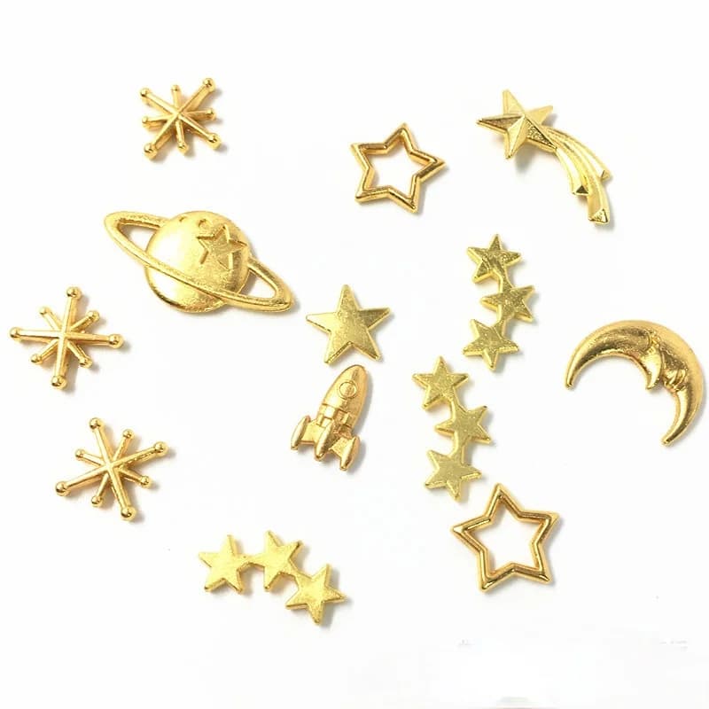 50Pcs Mixed Design Rockets Cats Planet Nail Art Metal Slices 3D Gold Nail Designer Charms for Nail Polish Alloy Tips Gel