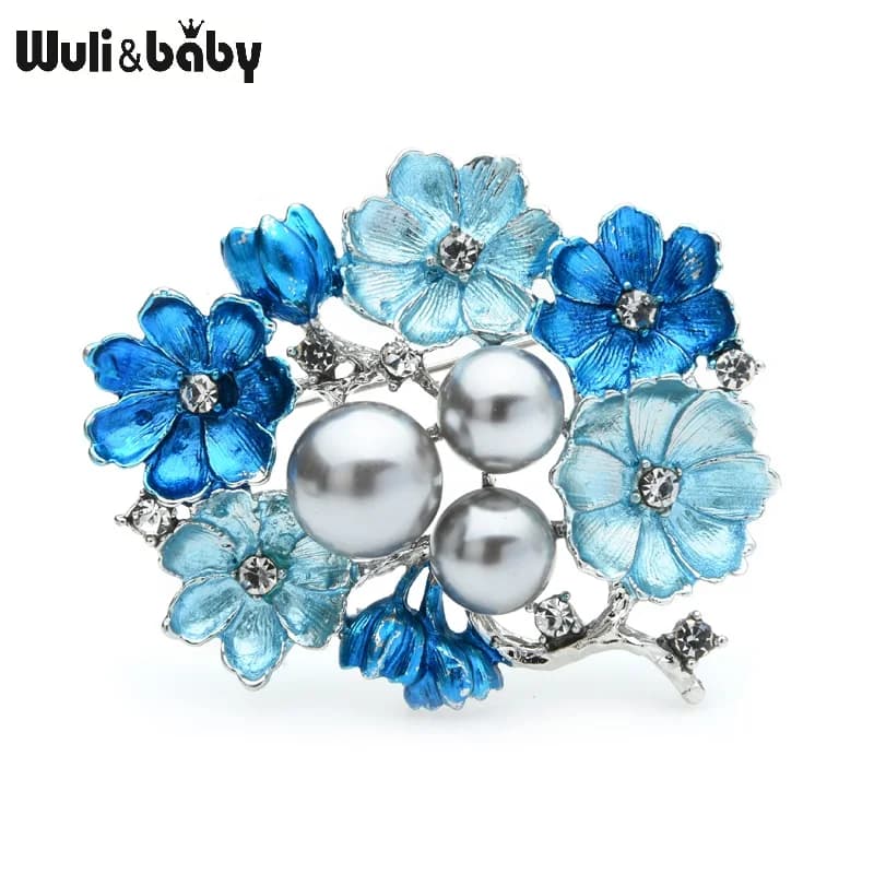Wuli&baby Big Pearl Blue Smalto Spille Donna Lega Strass Matrimoni Banchetto Fiore Spilla Spilli Regali