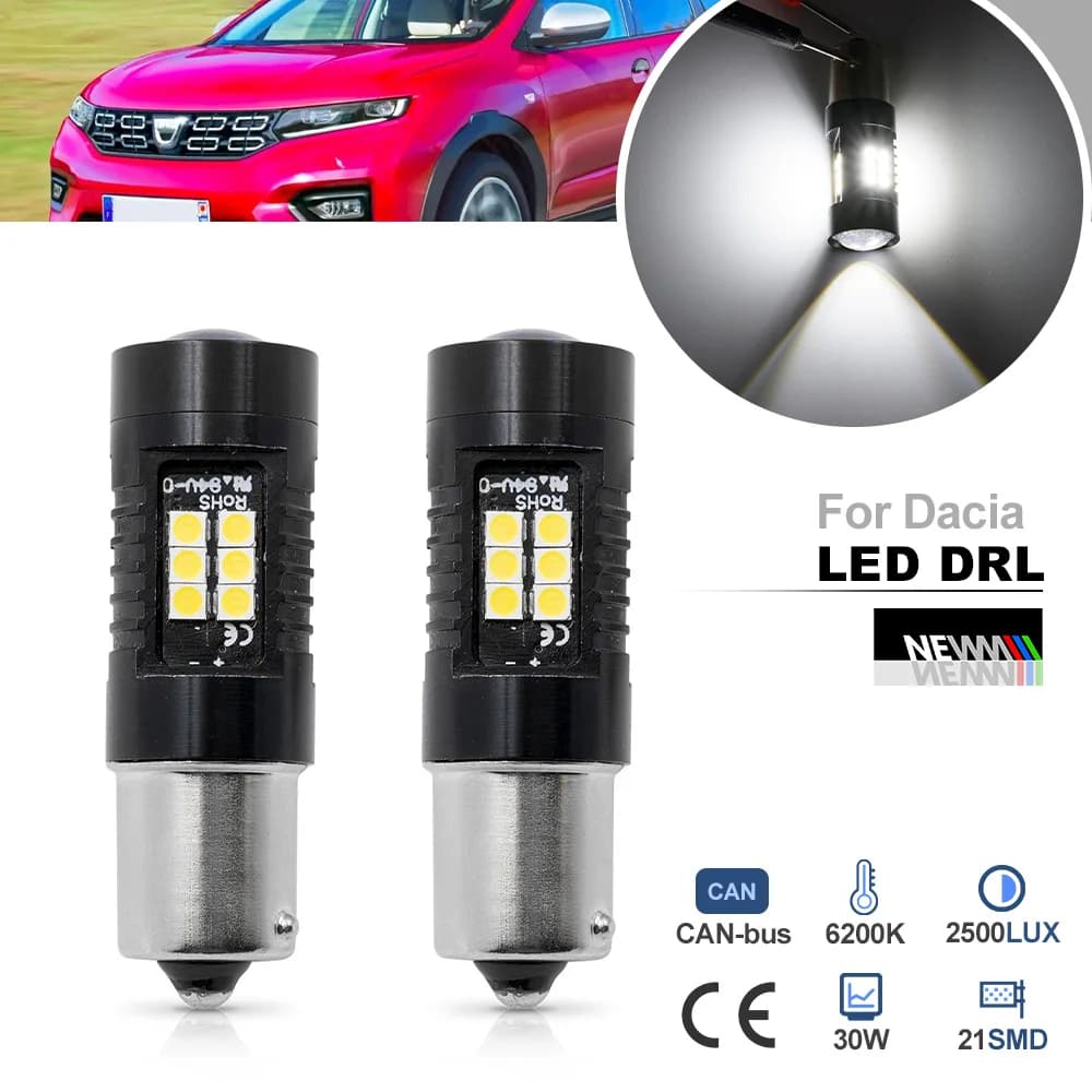 Per Dacia Lodgy Dokker 2012-up BA15S 1156 P21W LED Lampadine diurne No Hyper Flash Canbus DRL Faro per auto