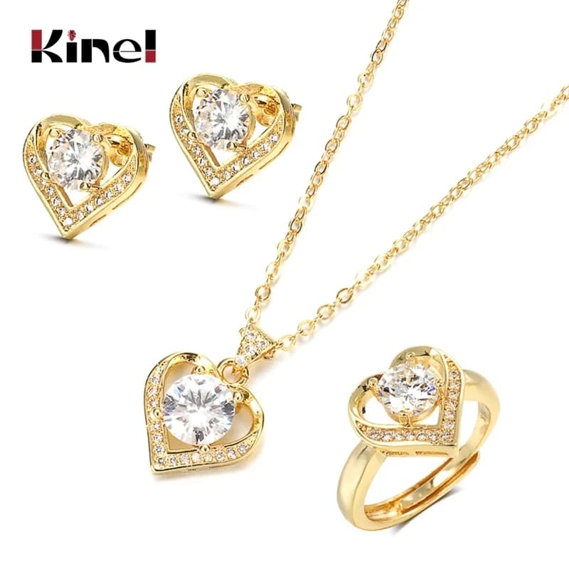 Kinel Set di gioielli in oro 18 carati con zirconi Anello di promessa Orecchini a bottone Collana in argento sterling Regalo di Natale di San Valentino per le donne