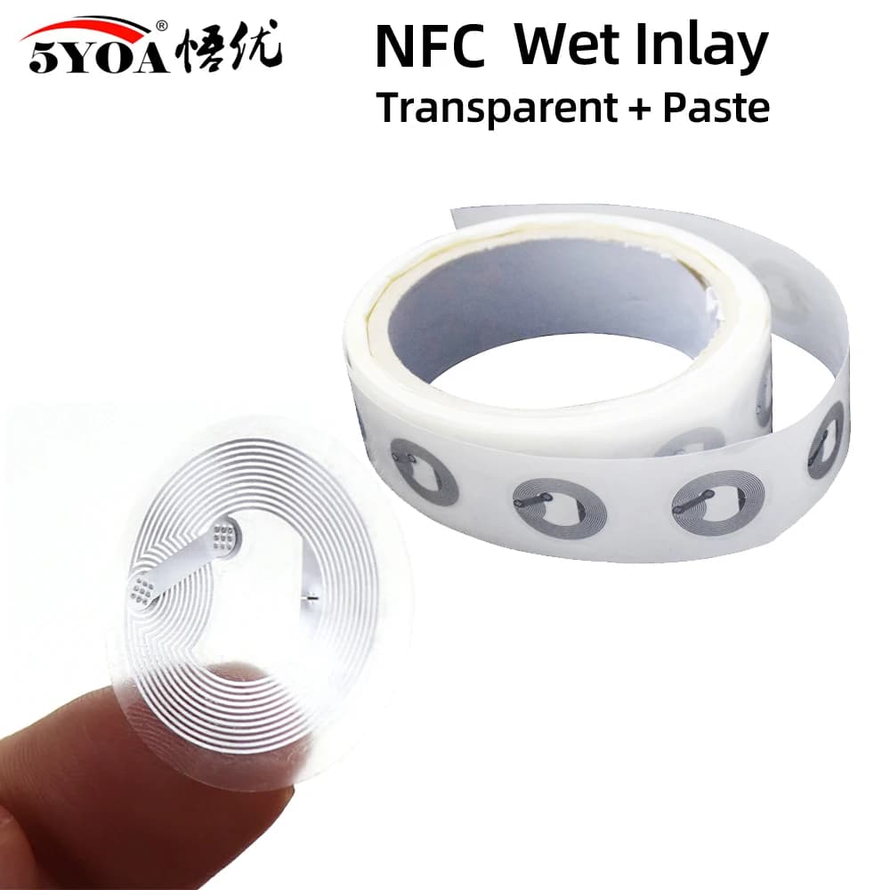 5YOA 10pz 100pz 1000pz Adesivi NFC Trasparenti Umidi Ntag213 Ntag215 Ntag216 13.56MHz ISO14443A Etichette Compatibili con Telefono