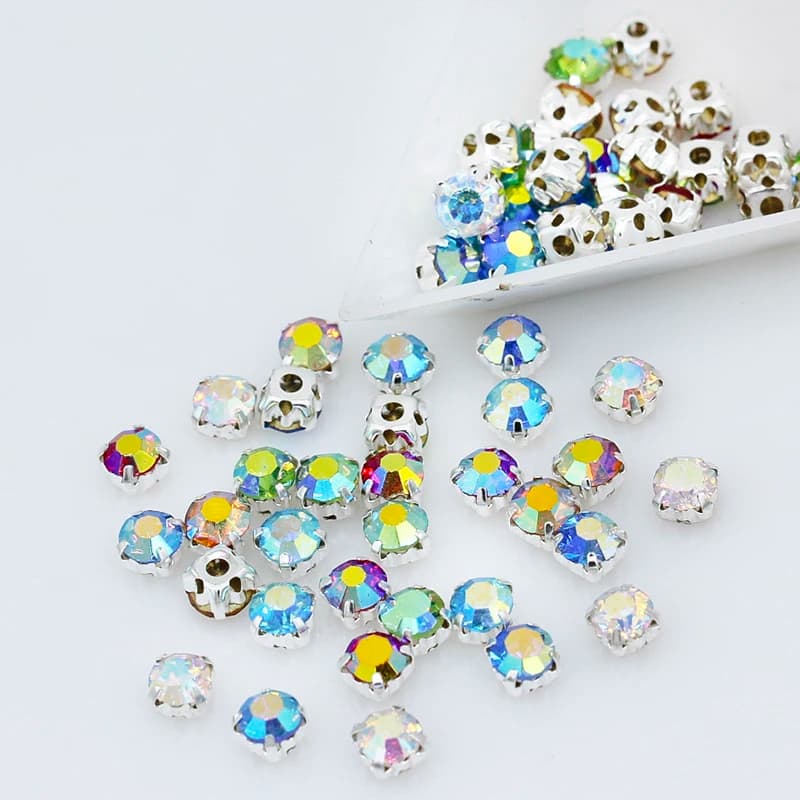 3mm 4mm 5mm 6mm colore AB Cucire su cristalli rotondi Gioielli con strass Coppa d'argento Artiglio montees pietra da cucire Accessori per vestiti