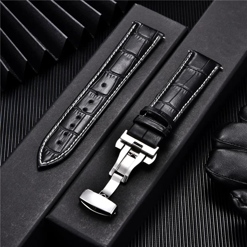 Business Leather Watch Straps Stainless Steel Butterfly Buckle Embossed Men Watchbands 16/17/18/19/20/21/22/23/24 mm Strap