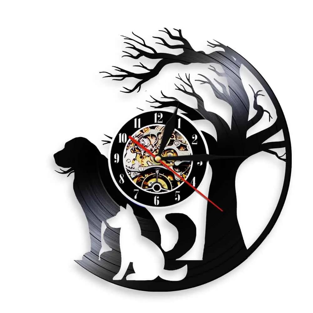 Orologio da Parete 3D con Cani Carini Sotto l'Albero, Design Moderno, Cuccioli, Animali, Orologio da Parete in Vinile, Decorazione Artistica per Soggiorno
